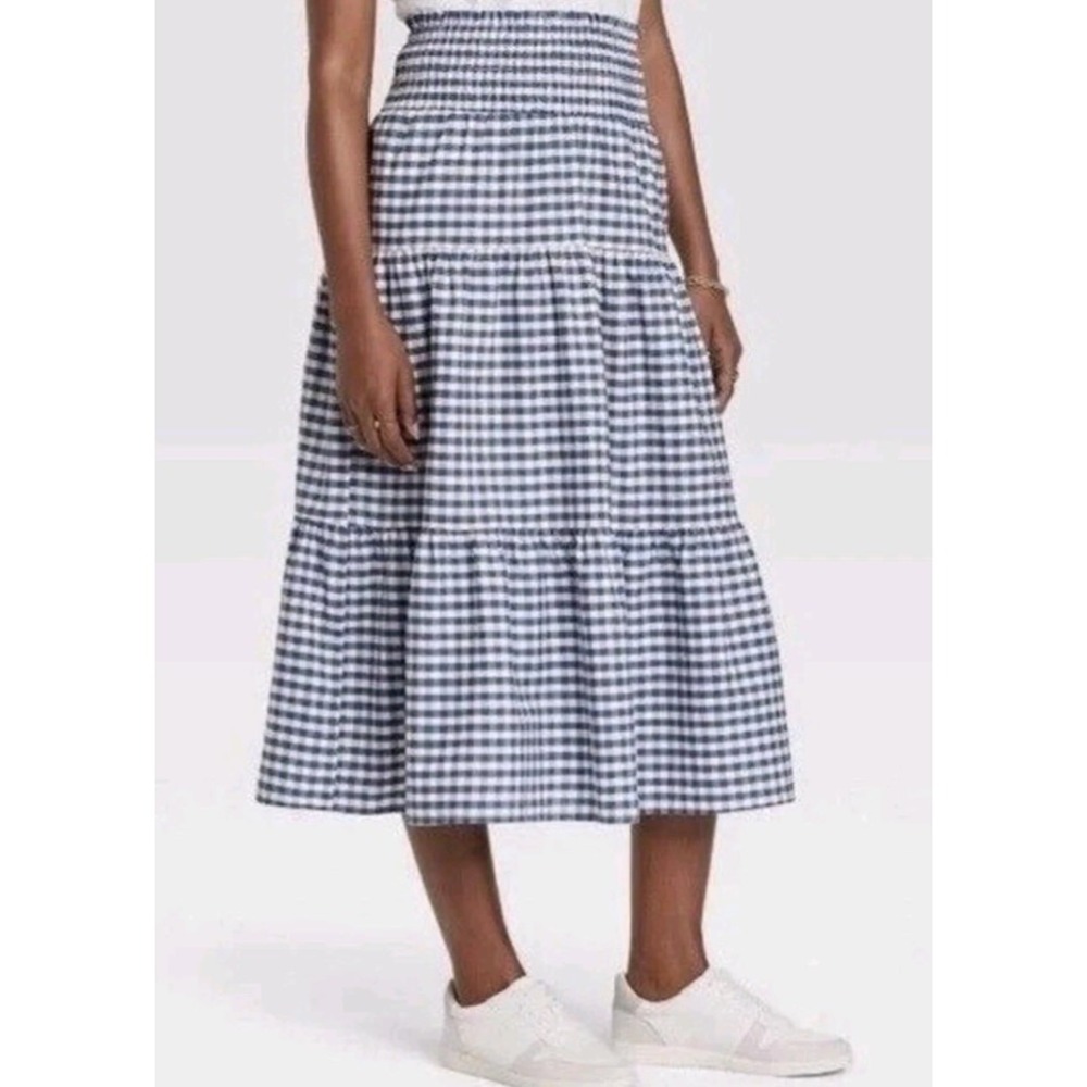 Universal Thread Blue White Check Gingham Tiered M Midi Long Skirt Picnic Plaid